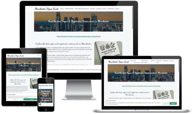 A laptop, tablet and phone showing the same website